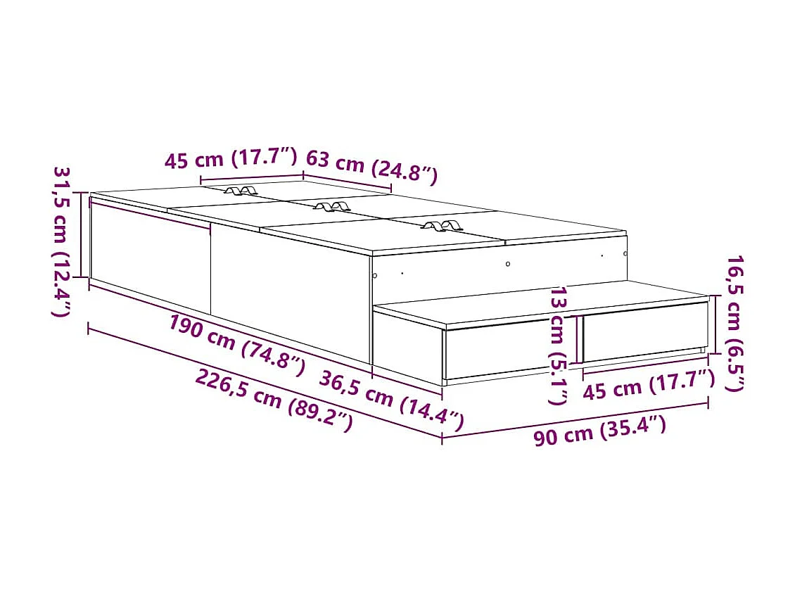 Estrado de cama com arrumação com gaveta Madeira Antiga 90 cm