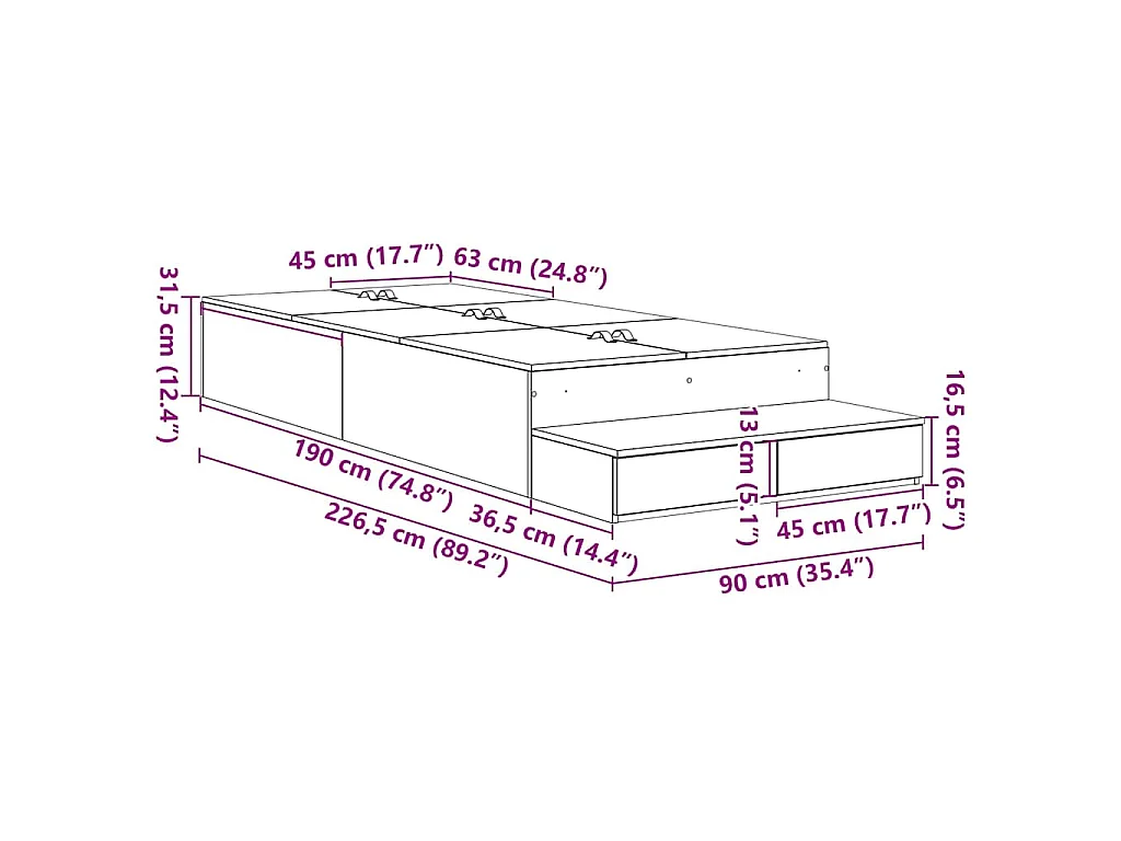 Estrado de cama com arrumação com gaveta Madeira Antiga 90 cm