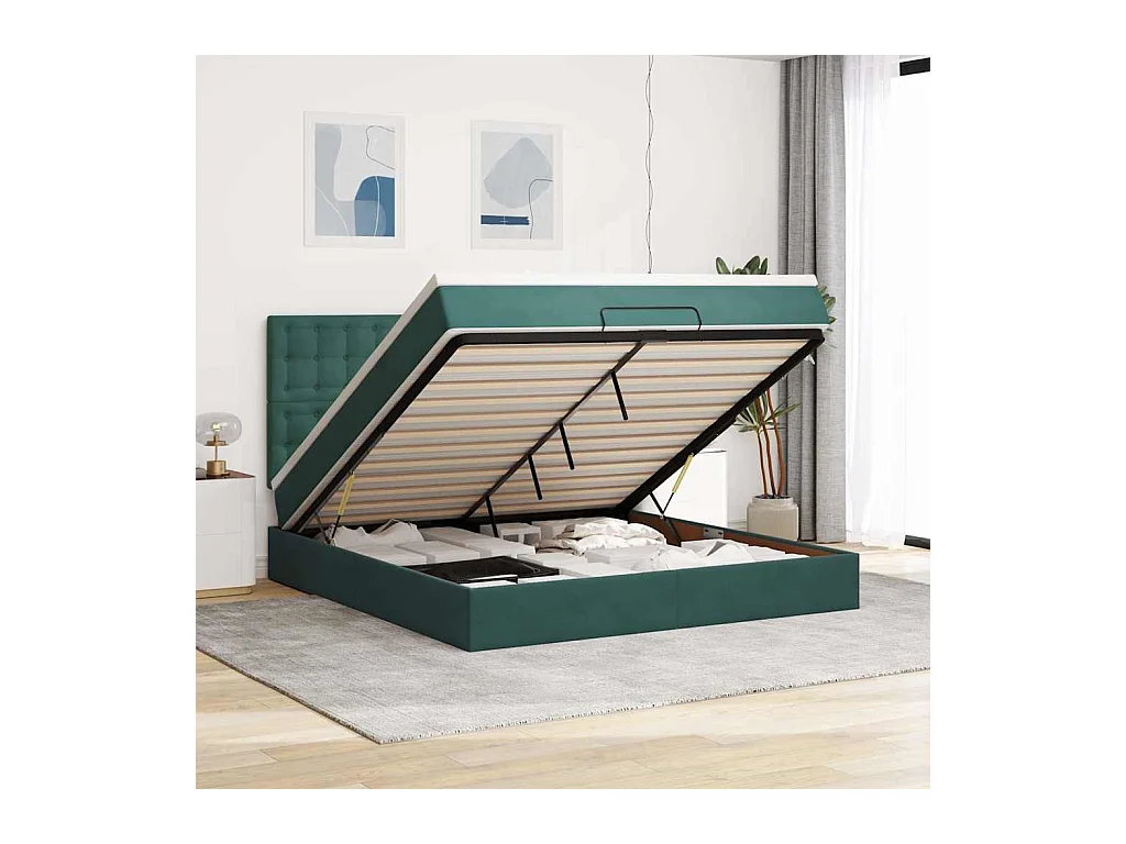 Cadre de lit ottoman avec matelas vert foncé 160x200 cm velours