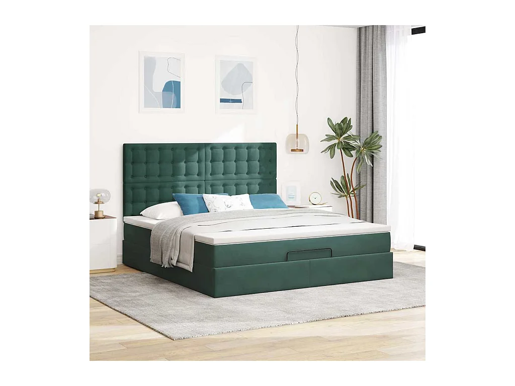 Cadre de lit ottoman avec matelas vert foncé 160x200 cm velours