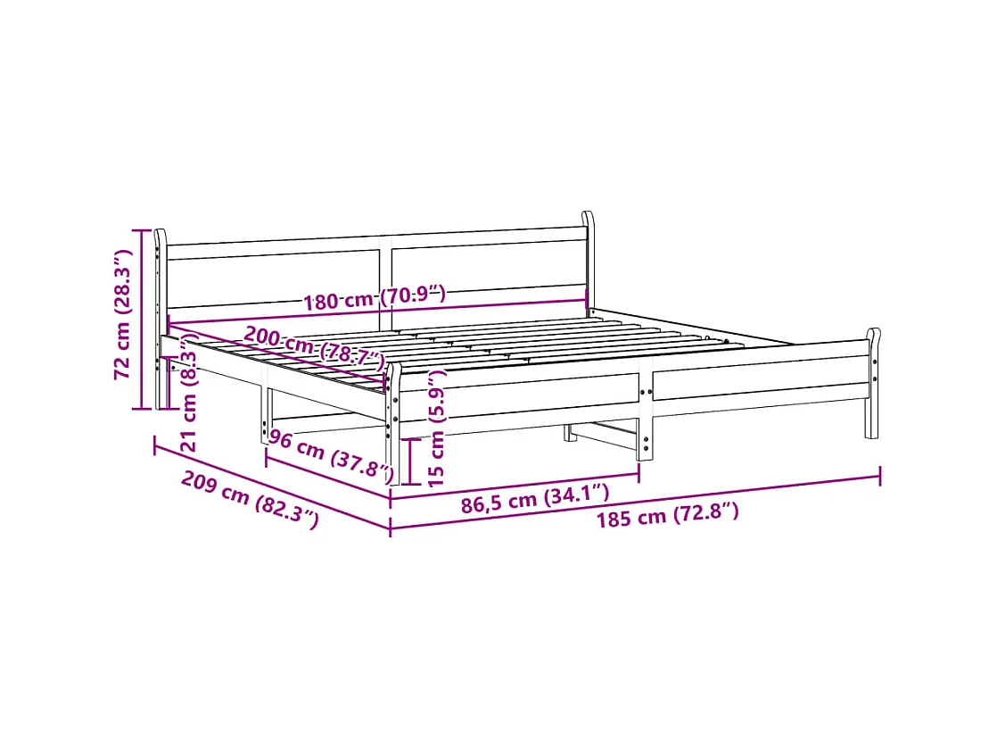 Letto senza Materasso 180x200 cm in Legno Massello di Pino