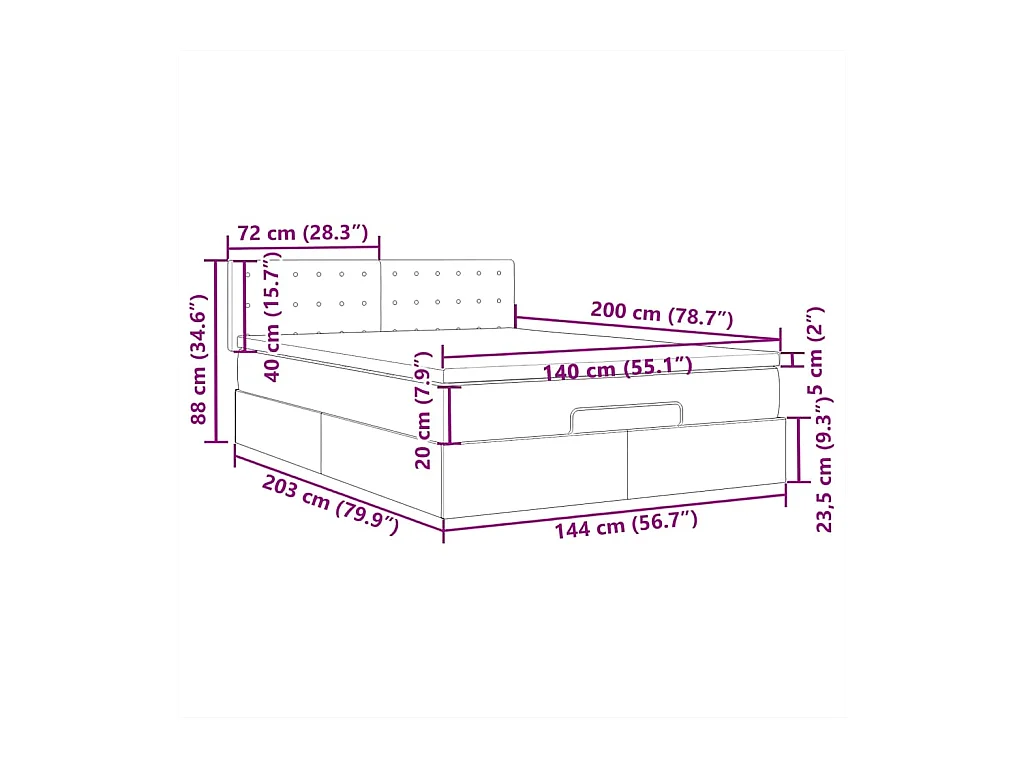 Ottomane Bett mit Matratze & LEDs Taupe 140x200 cm Stoff