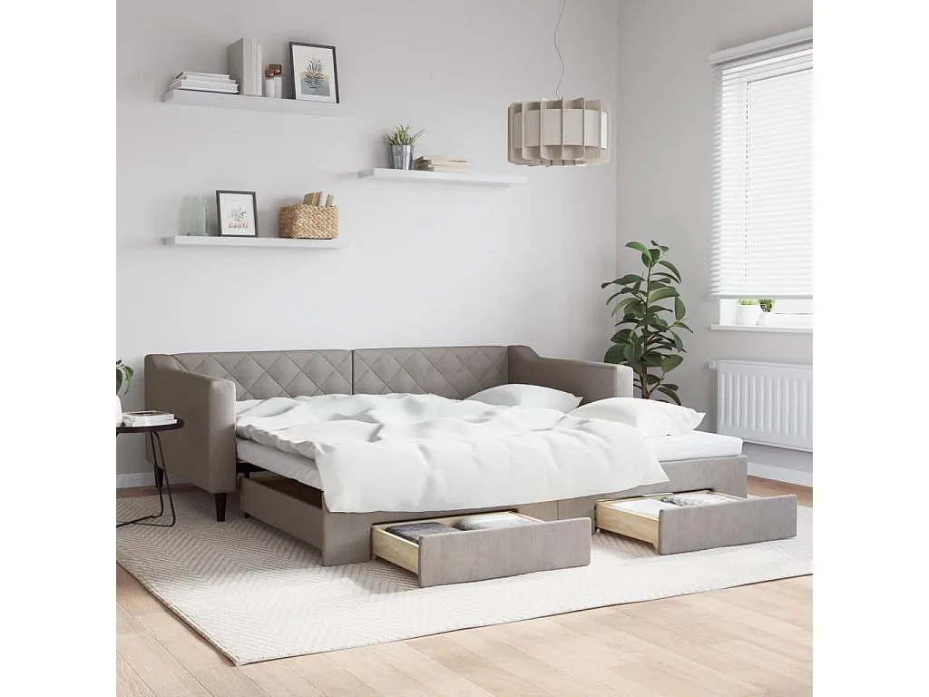 Slaapbank met onderschuifbed en lades 100x200 cm stof taupe