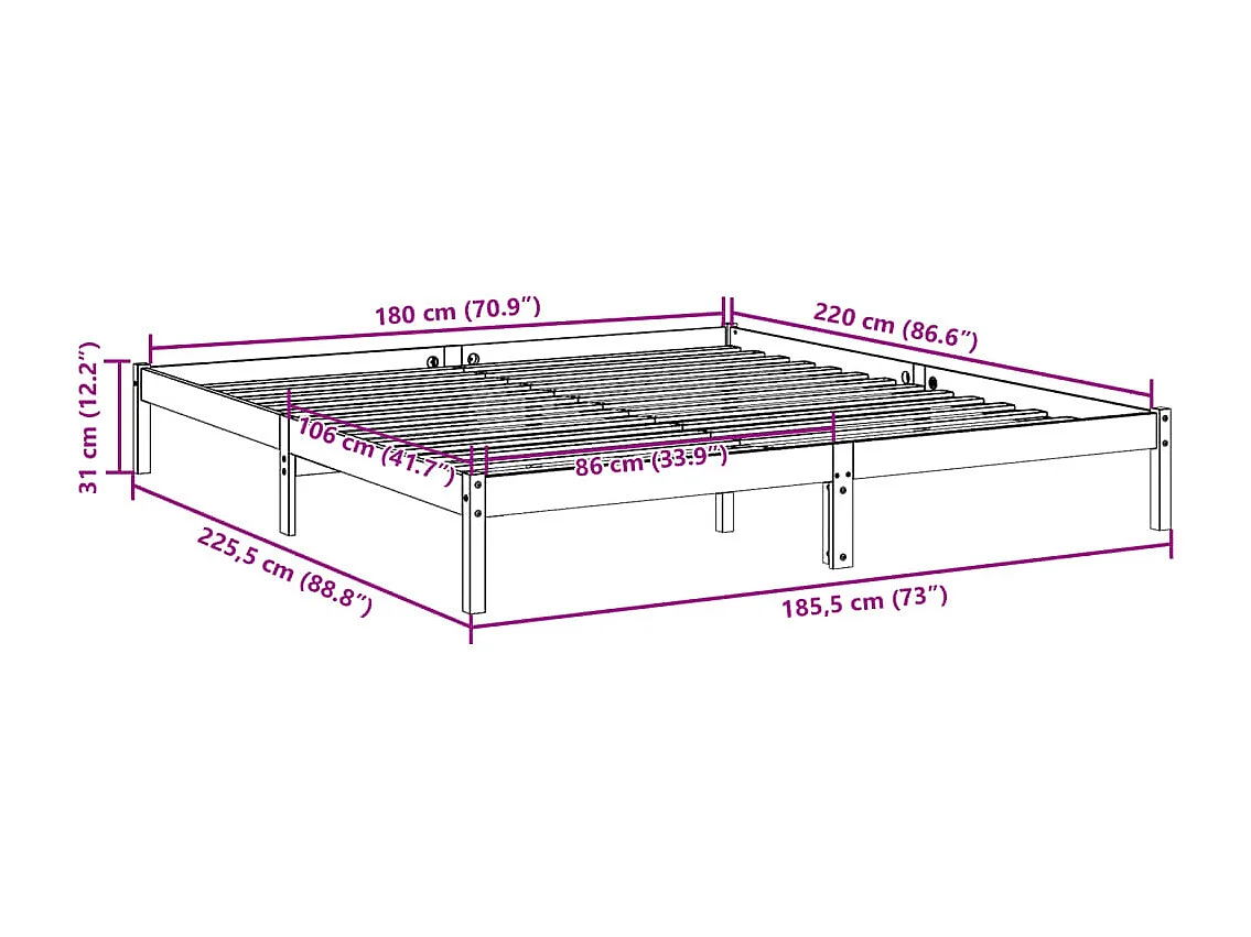 Cadre de lit extra long sans matelas 180x220 cm bois massif pin