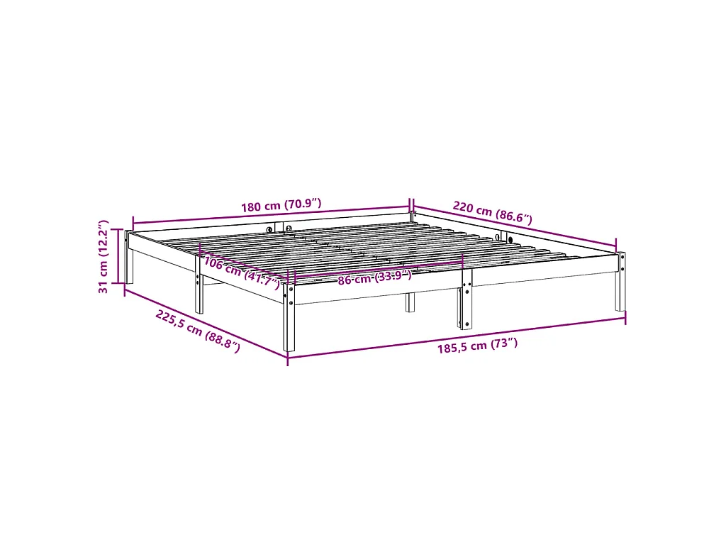 Letto Extra Lungo senza Materasso Bianco 180x220 cm in Pino