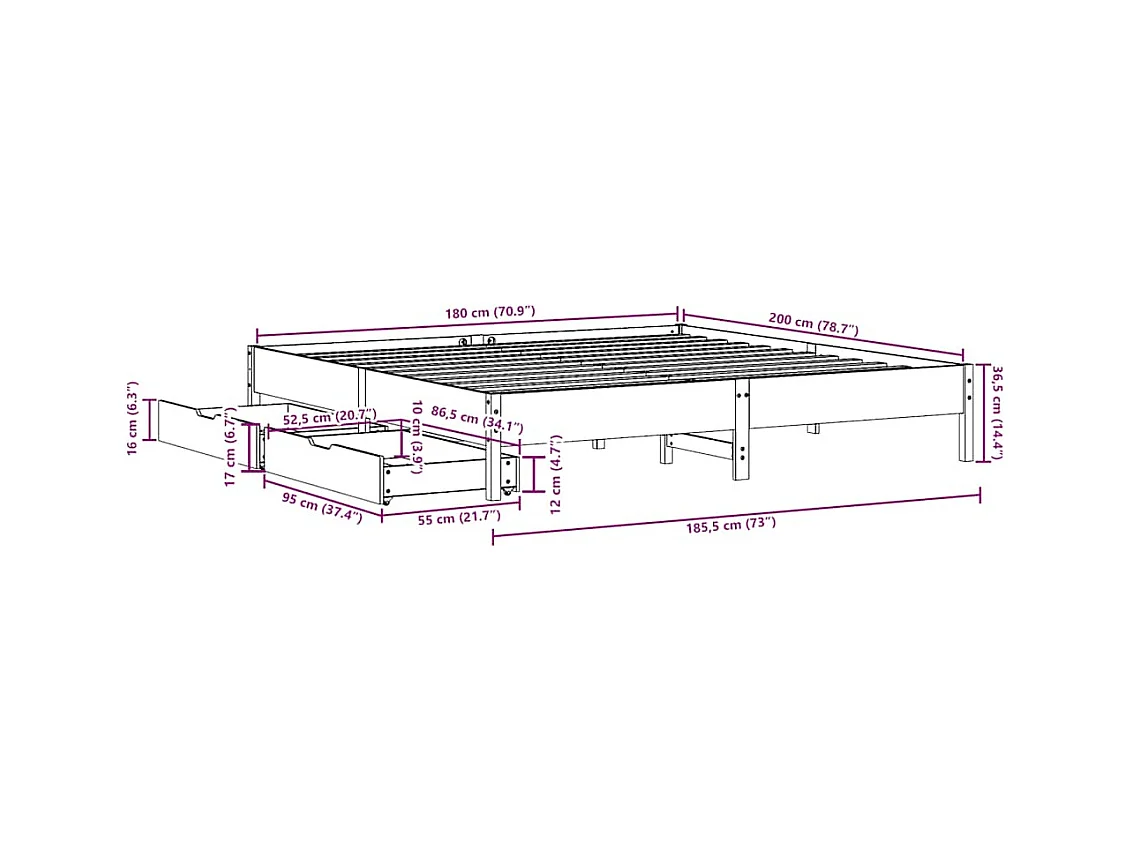 Cadre de lit sans matelas blanc 180x200 cm bois massif de pin