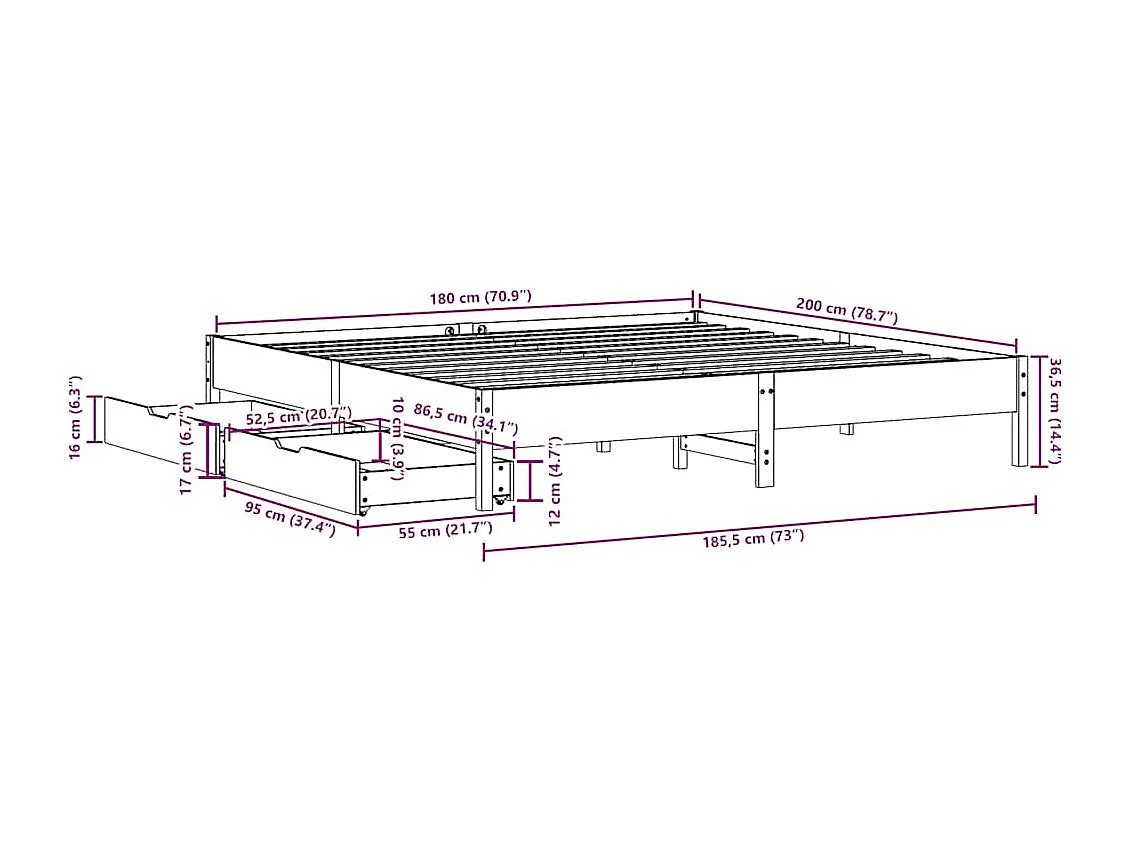Cama sin colchón madera maciza de pino blanca 180x200 cm