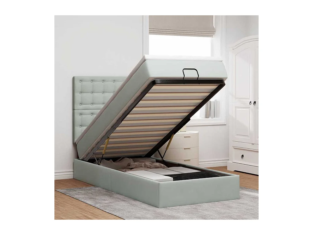 Cadre de lit ottoman et matelas gris clair 100x200 cm velours
