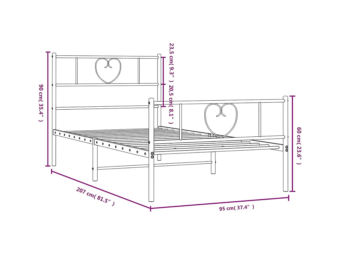 Cadre de lit métal sans matelas avec pied de lit blanc 90x200cm