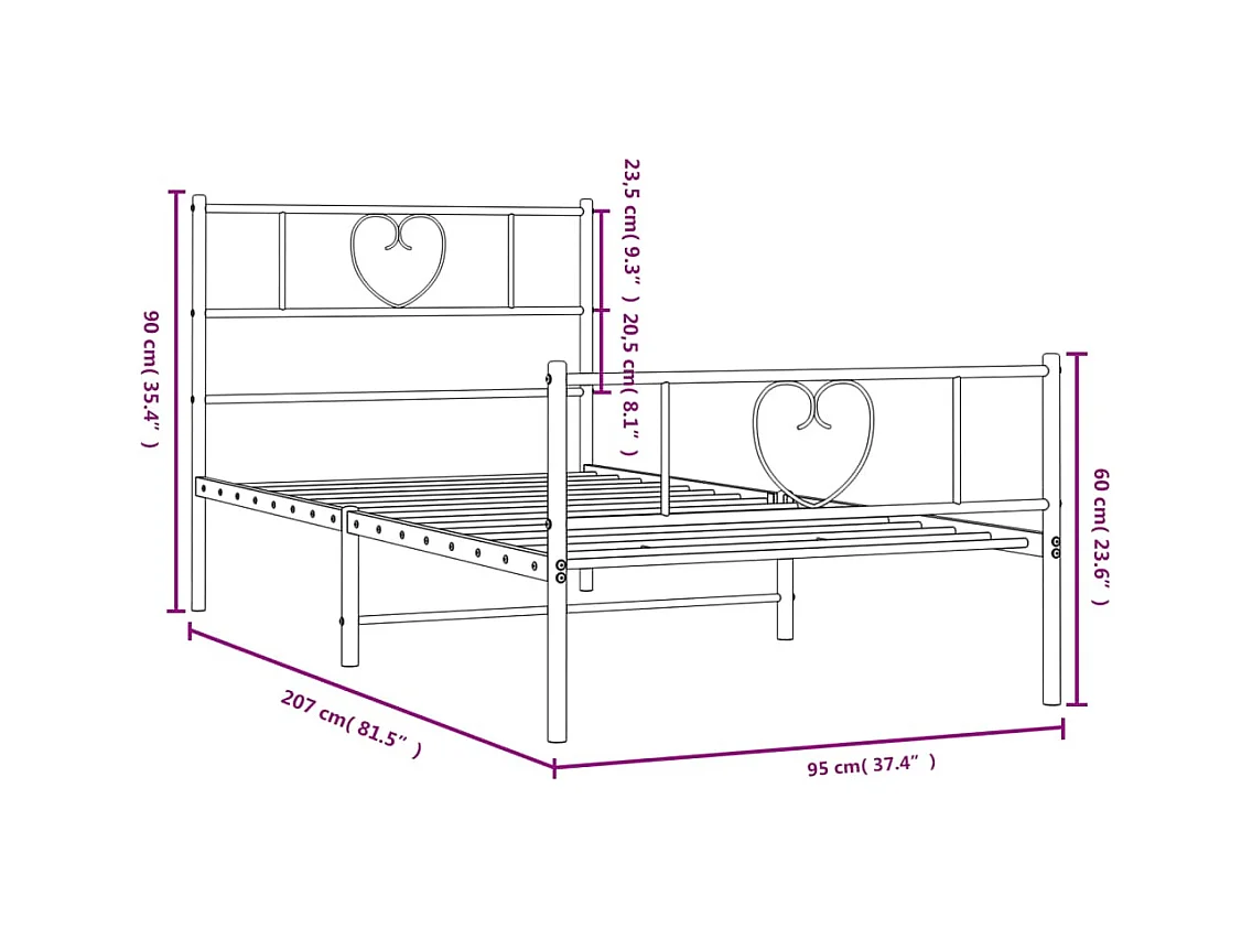 Cadre de lit métal sans matelas avec pied de lit blanc 90x200cm