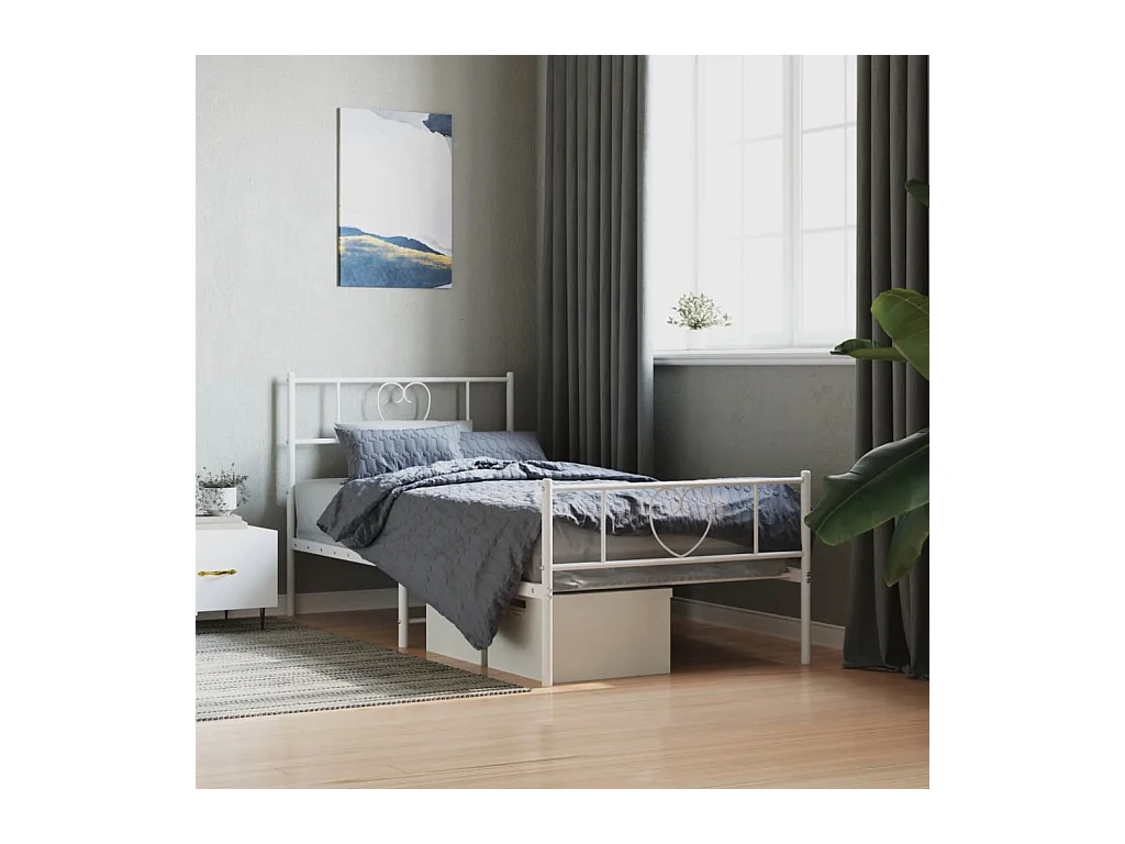 Cadre de lit métal sans matelas avec pied de lit blanc 90x200cm