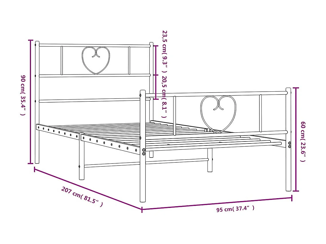 Cadre de lit métal sans matelas avec pied de lit blanc 90x200cm