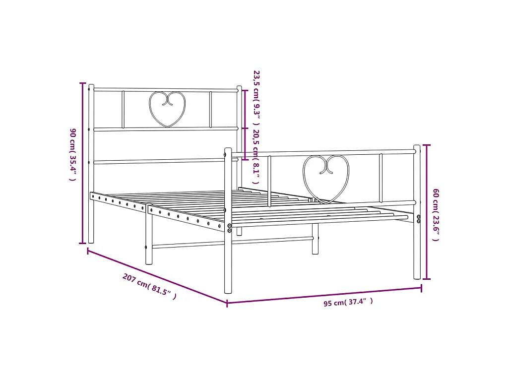 Cadre de lit métal sans matelas avec pied de lit blanc 90x200cm