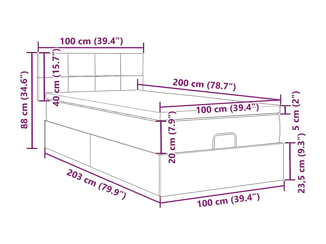 Ottoman-Bett mit Matratze Schwarz 100x200 cm Stoff