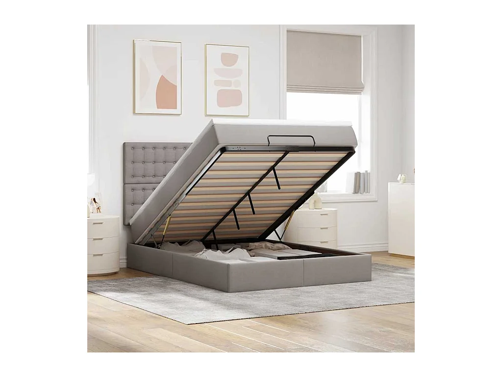 Cadre de lit ottoman avec matelas taupe 140x200 cm tissu