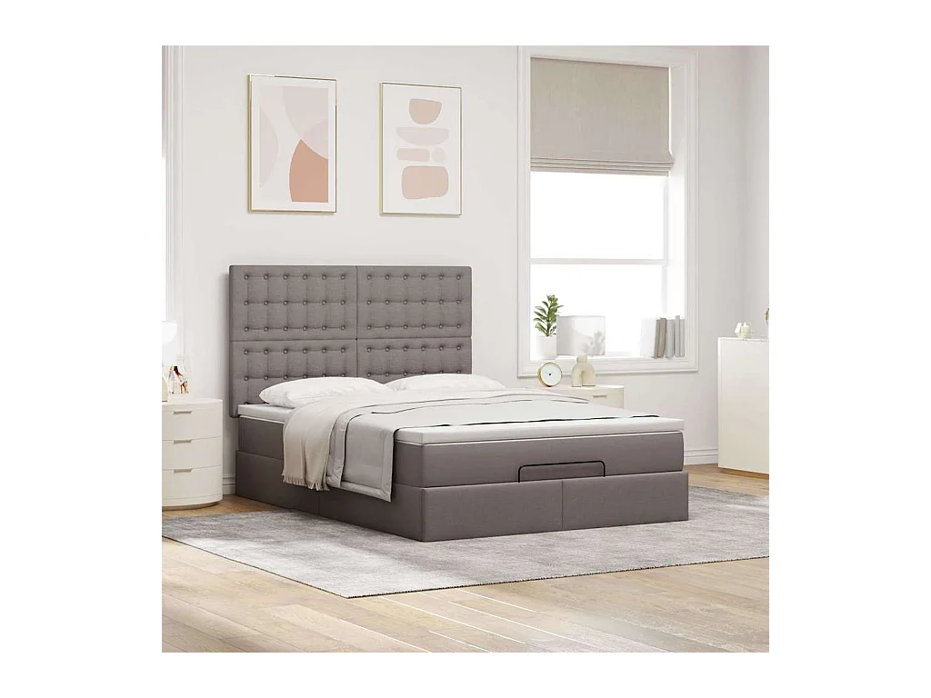 Cadre de lit ottoman avec matelas taupe 140x200 cm tissu