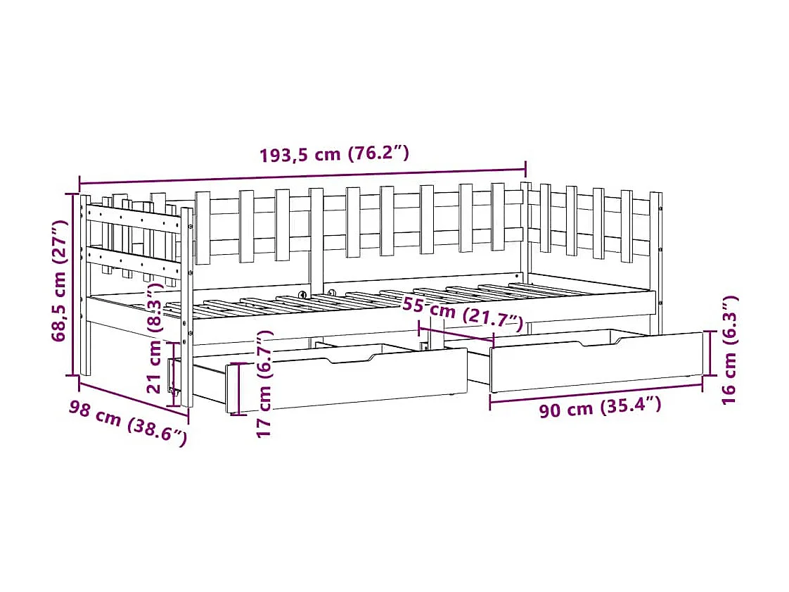 Slaapbank met lades 90x190 cm massief grenenhout