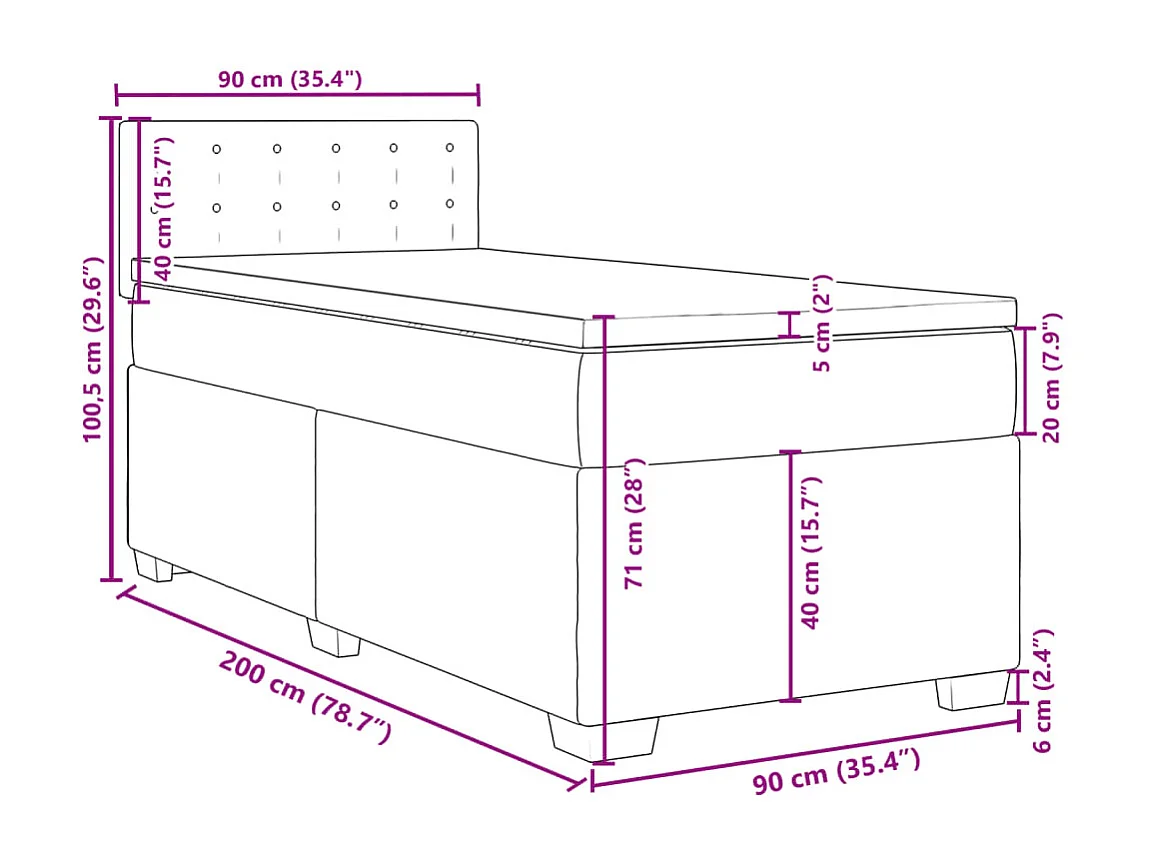 Cama box spring con colchón tela gris taupe 90x200 cm