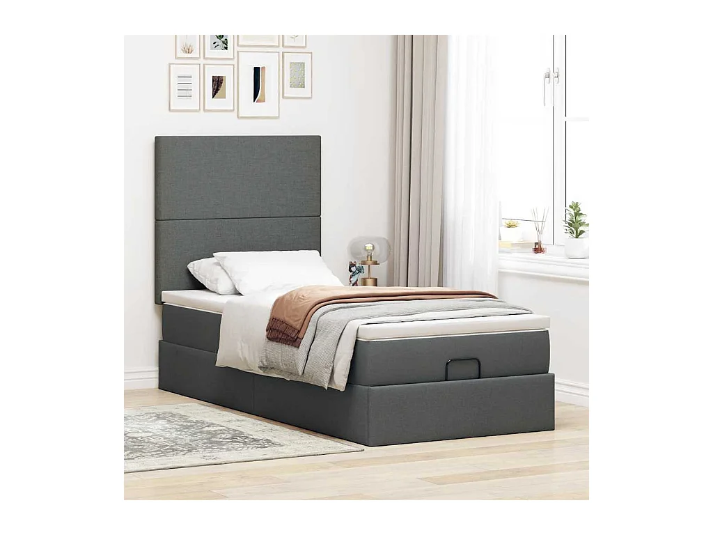 Cadre de lit ottoman avec matelas gris foncé 100x200 cm tissu