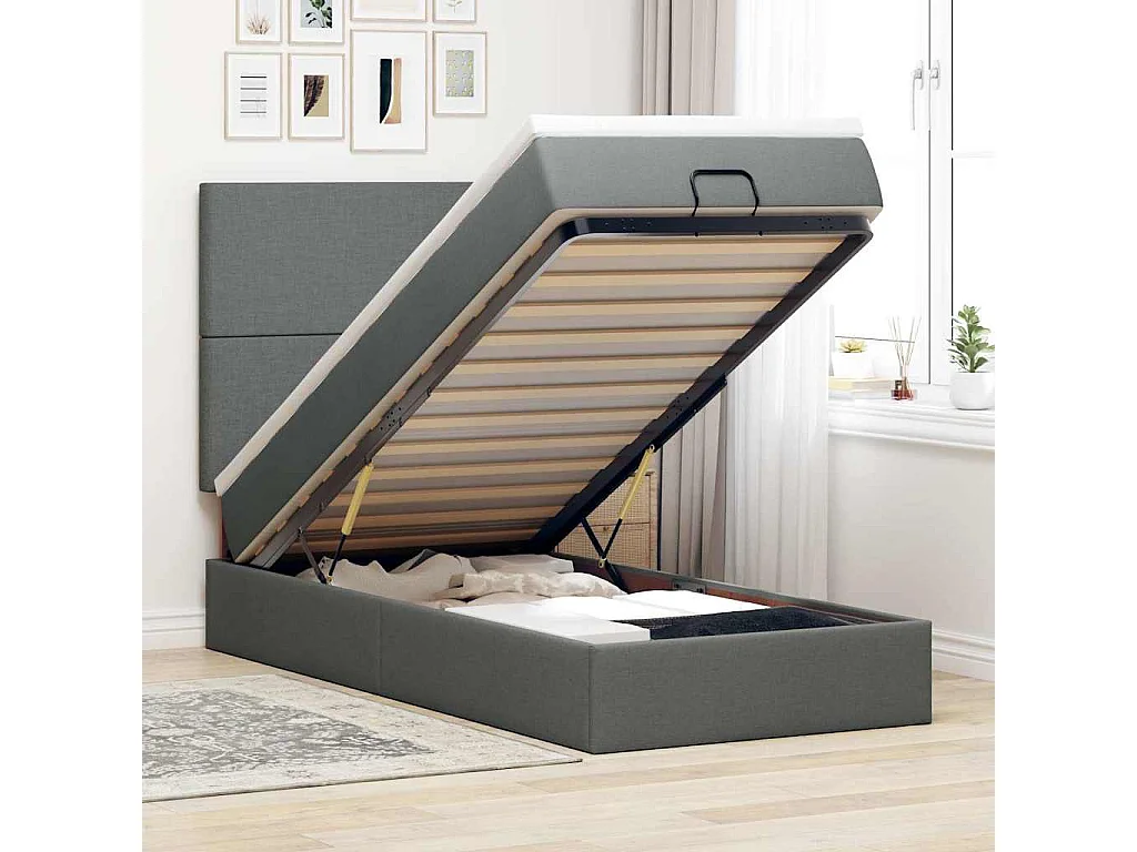 Estrutura cama otomana colchão 100x200cm tecido cinzento escuro