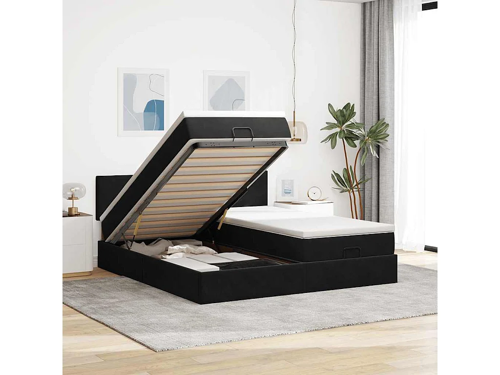 Cadre de lit ottoman avec matelas noir 160x200 cm velours