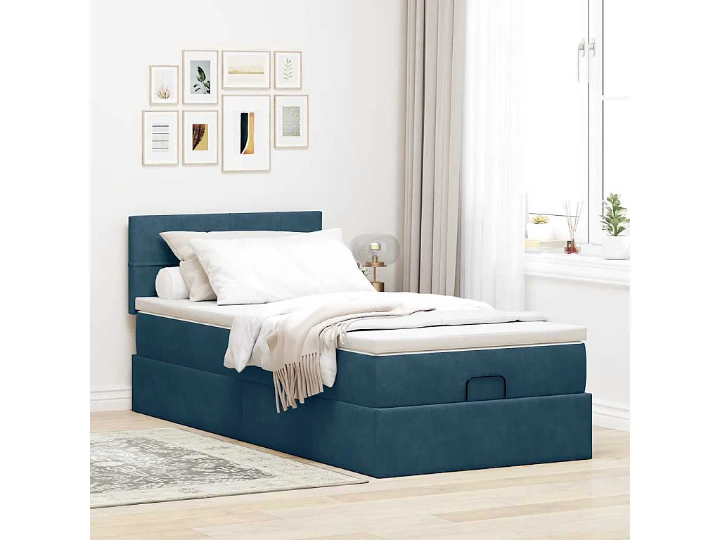 Estructura de cama otomana colchón terciopelo azul oscuro