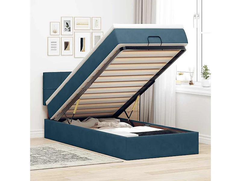Cadre de lit ottoman avec matelas bleu foncé 90x200 cm velours
