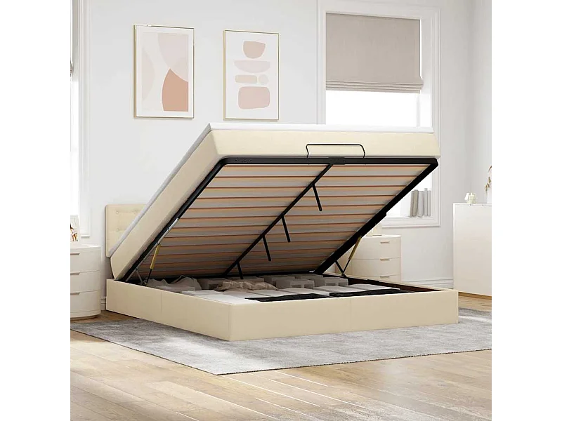 Struttura Letto Pouf con Materasso Crema 160x200 cm in Tessuto