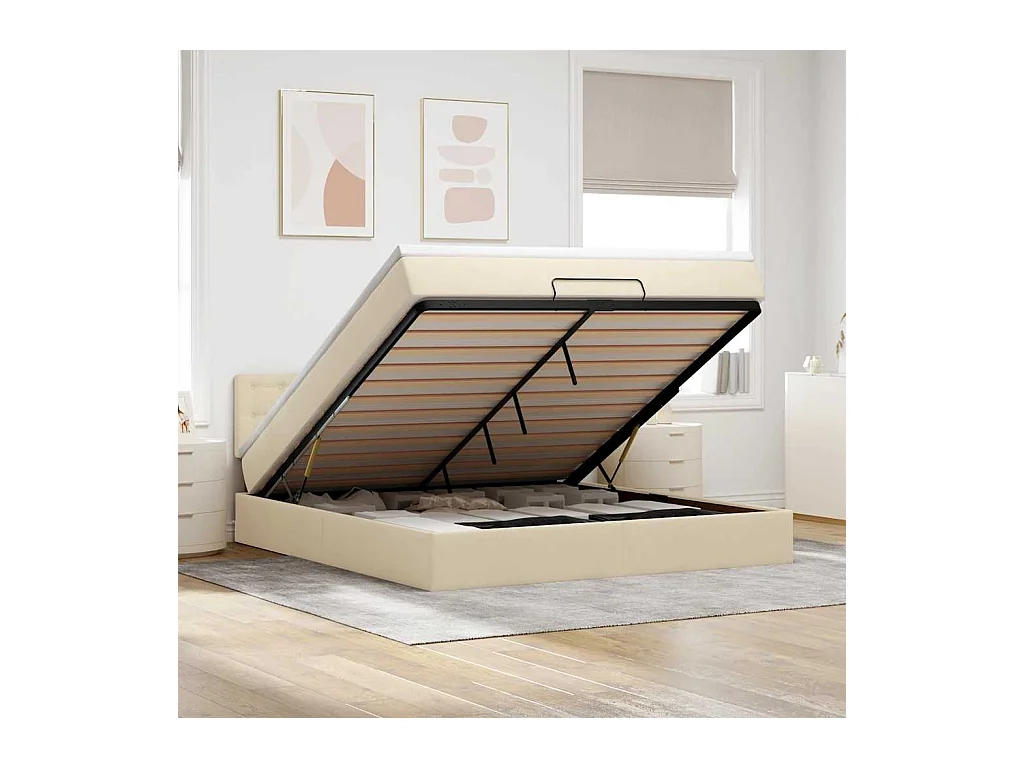 Cadre de lit ottoman avec matelas crème 160x200 cm tissu