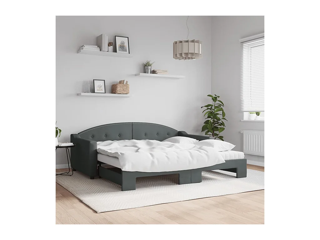 Lit de jour avec gigogne et matelas gris foncé 90x190 cm tissu