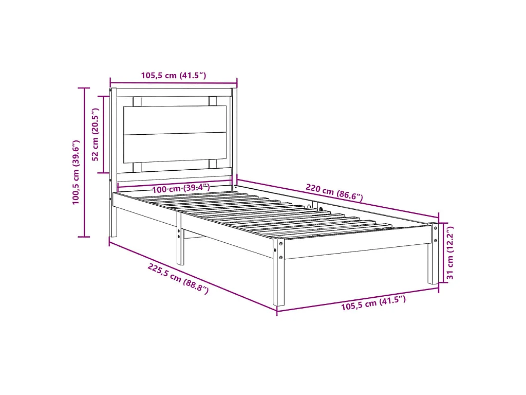 Massivholzbett Extra Lang ohne Matratze 100x220 cm