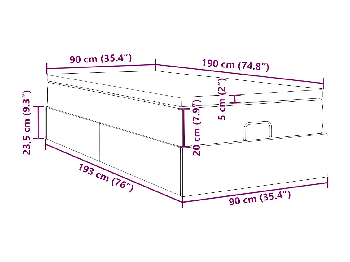 Estrutura cama otomana colchão 90x190 cm tecido cinzento escuro