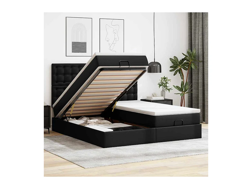 Ottoman-Bett mit Matratzen & LEDs Schwarz 180x200 cm Kunstleder