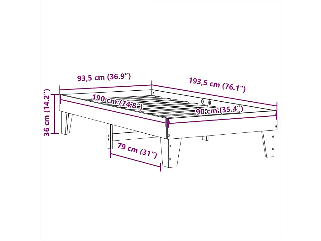 Bedframe zonder matras massief grenenhout wit 90x190 cm