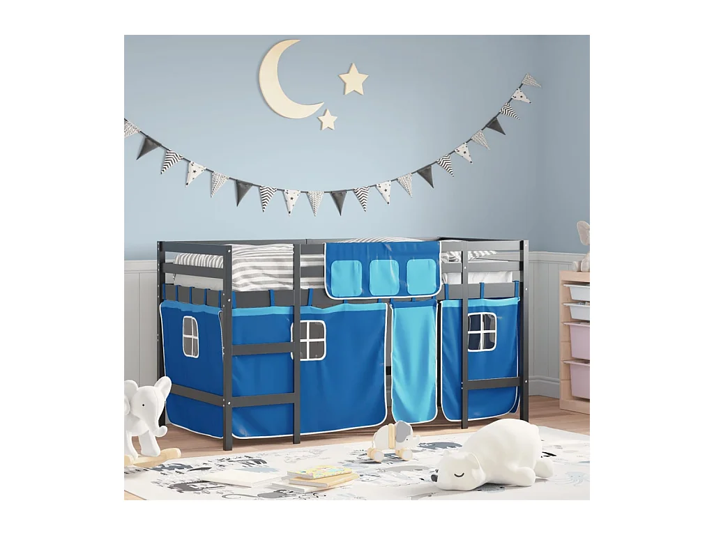 Lit mezzanine enfants avec rideaux sans matelas bleu 90x200cm