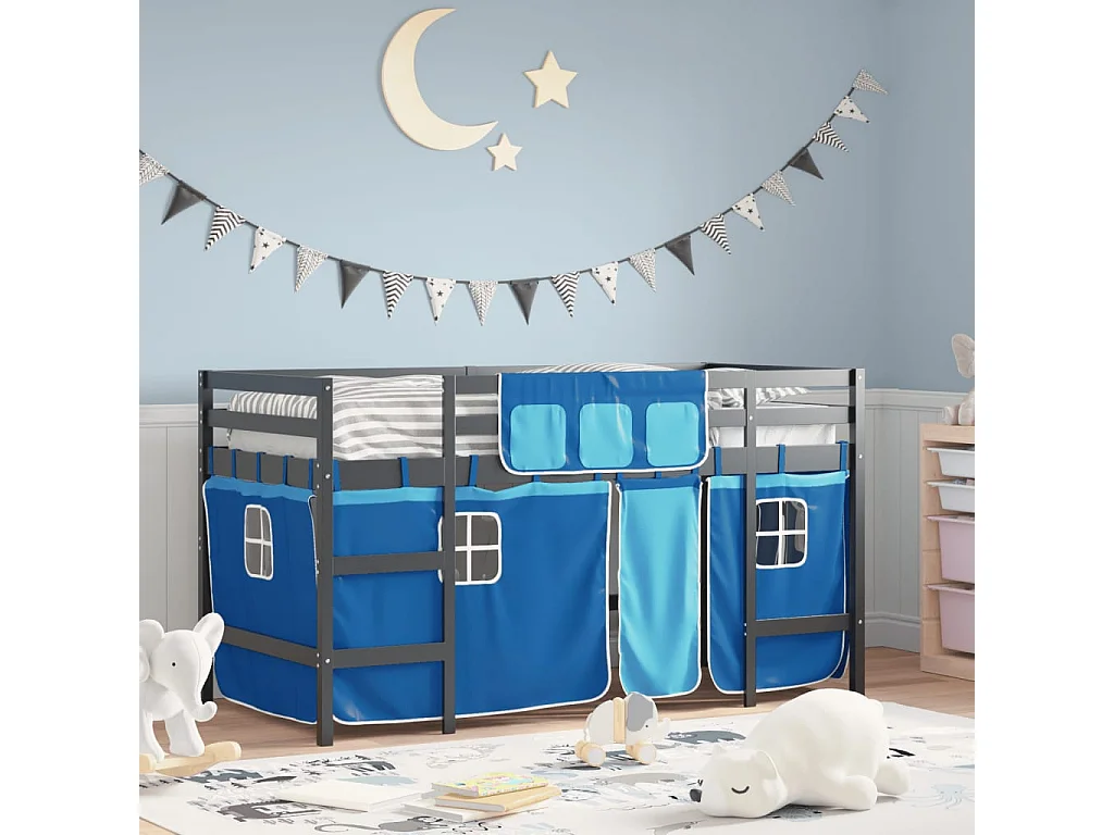 Cama alta p/ criança c/ cortinas 90x200 cm pinho maciço azul
