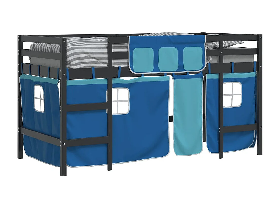 Cama alta p/ criança c/ cortinas 90x200 cm pinho maciço azul