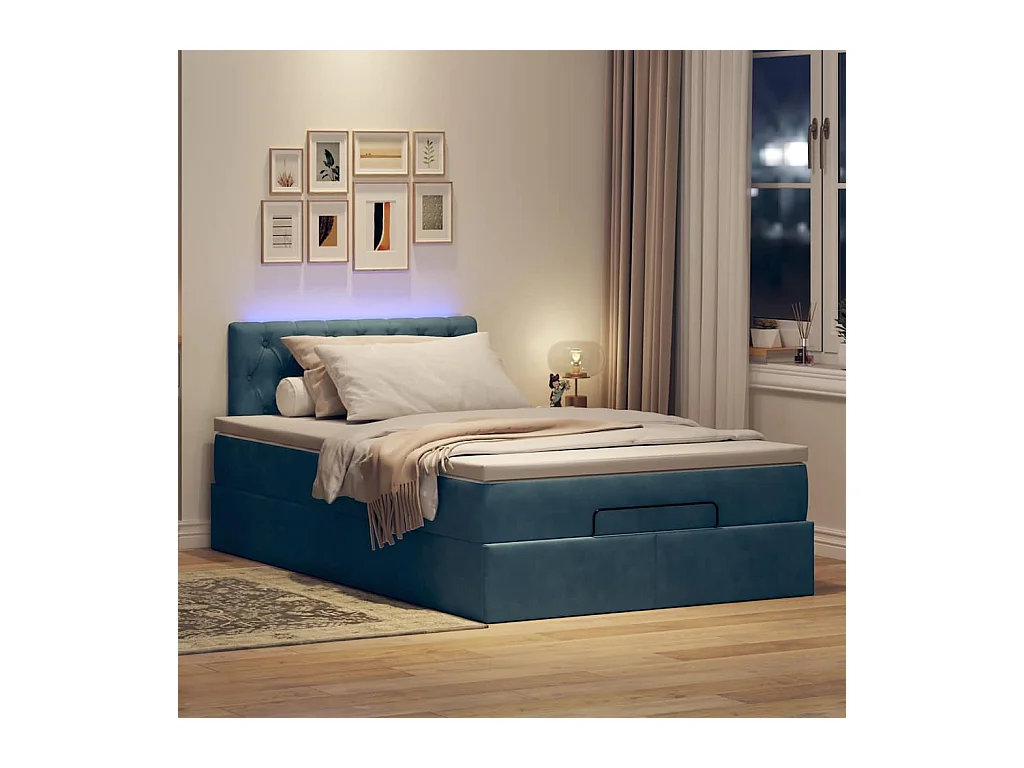 Pouf Letto con Materasso e LED Blu Scuro 120x190cm in Velluto