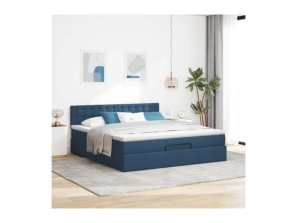Cadre de lit ottoman avec matelas bleu 160x200 cm tissu