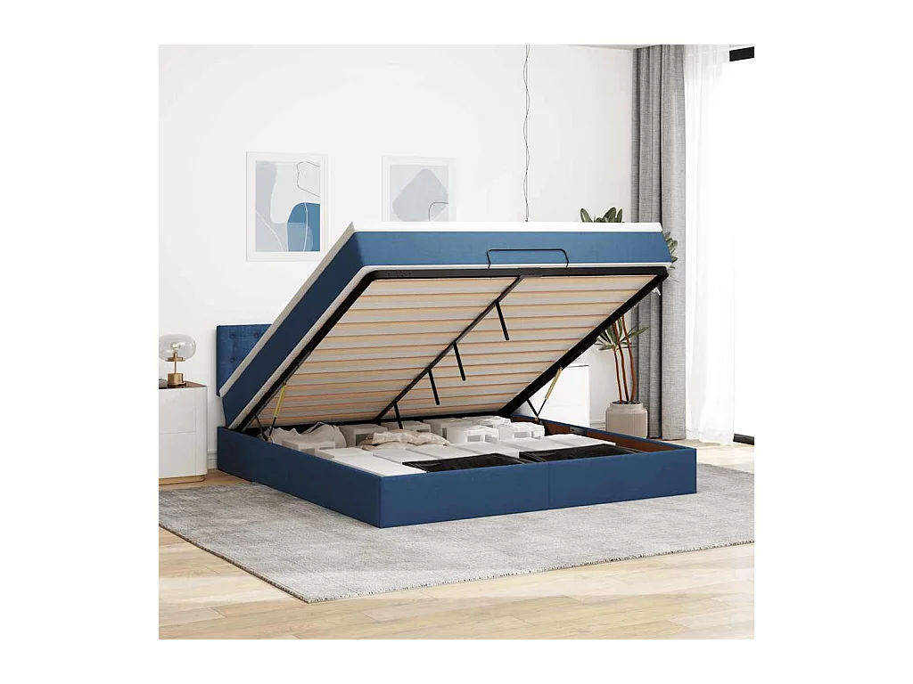 Cadre de lit ottoman avec matelas bleu 160x200 cm tissu
