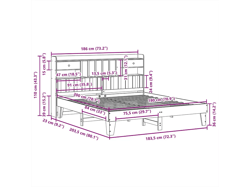 Cadre de lit sans matelas 180x200 cm bois massif de pin