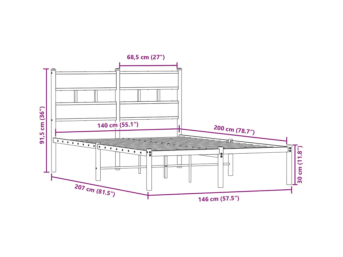 Cadre de lit en métal sans matelas chêne fumé 140x200 cm