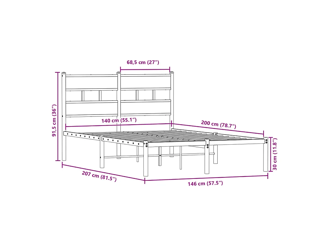 Cadre de lit en métal sans matelas chêne fumé 140x200 cm
