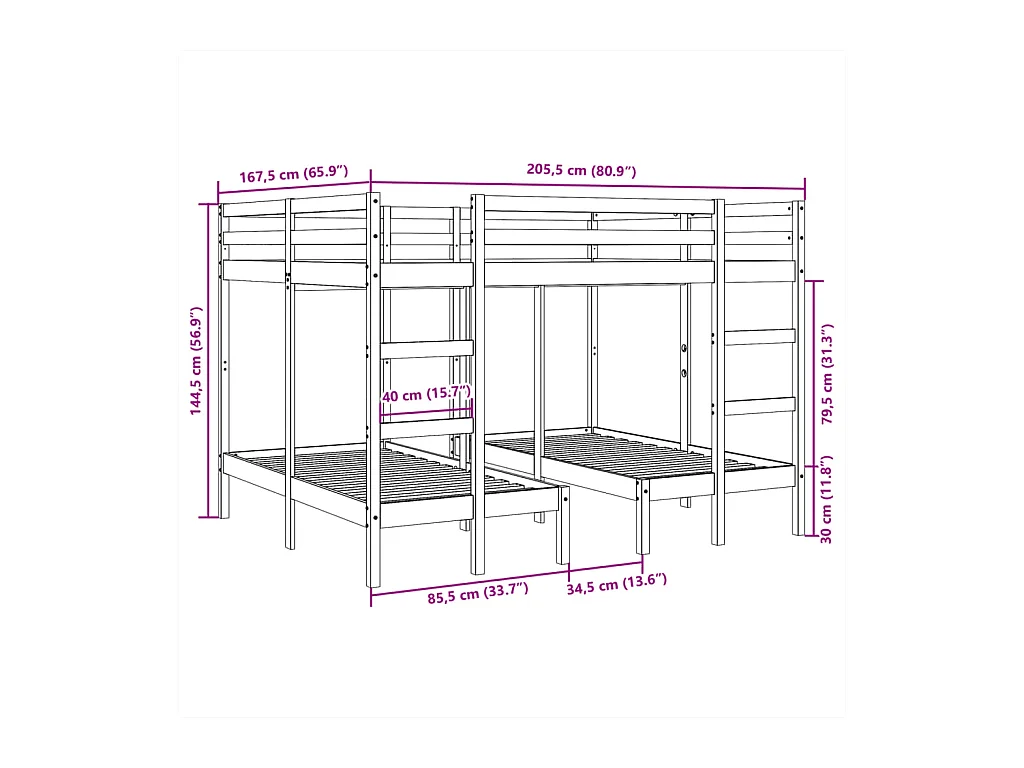 Dreifach-Etagenbett 160x200/80x160 cm Massivholz Kiefer