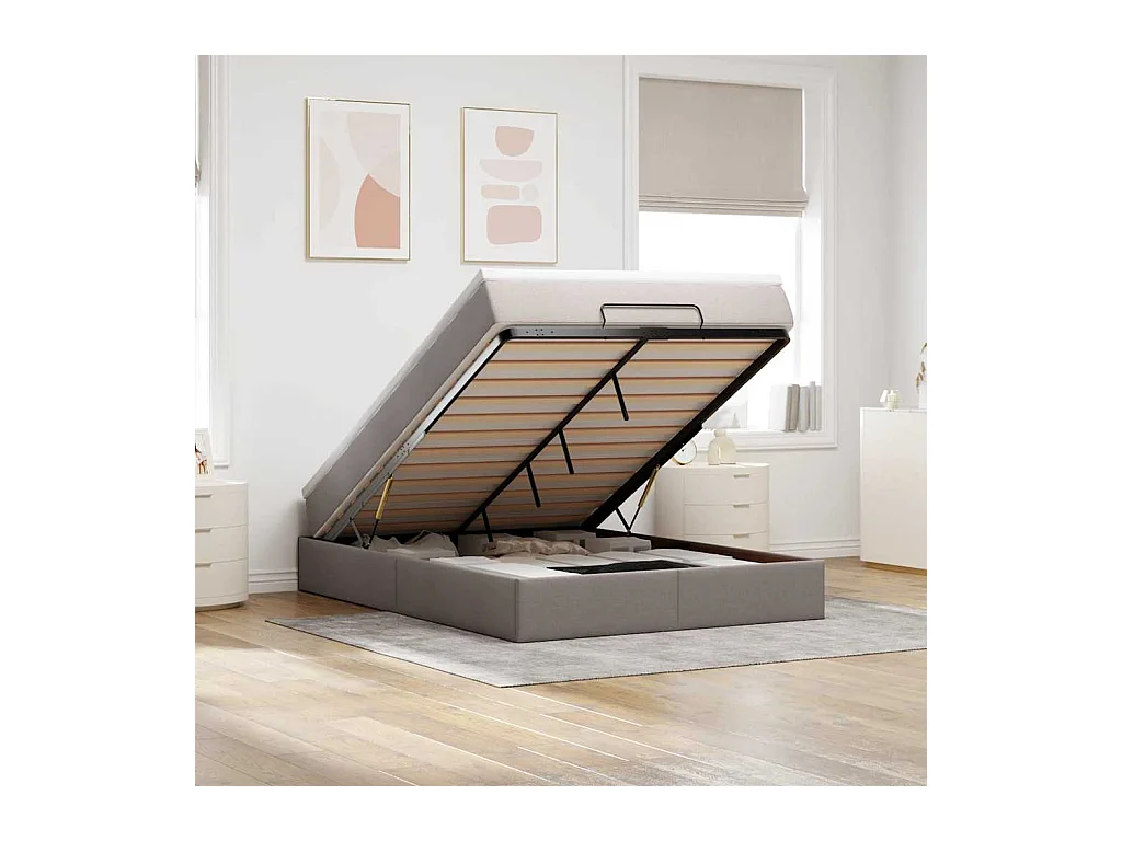 Cadre de lit ottoman avec matelas taupe 140x200 cm tissu