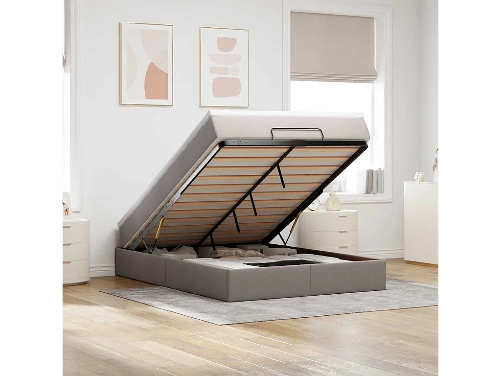 Cadre de lit ottoman avec matelas taupe 140x200 cm tissu