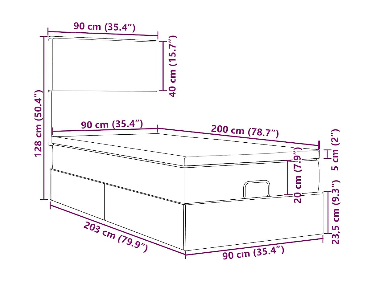 Cadre de lit ottoman avec matelas bleu foncé 90x200 cm velours