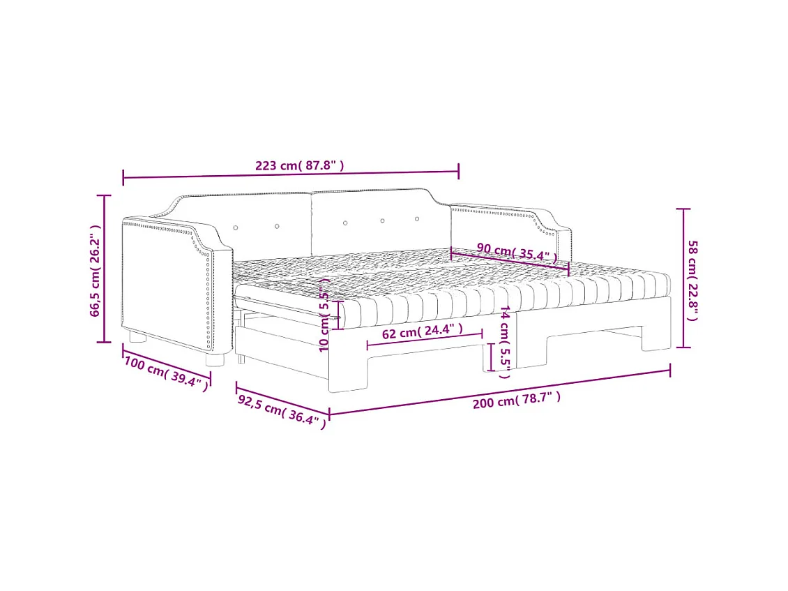 Lit de jour avec gigogne et matelas taupe 90x200 cm tissu