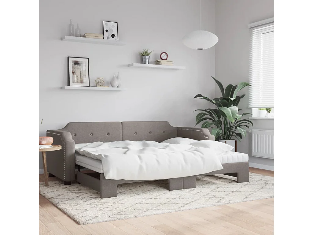 Lit de jour avec gigogne et matelas taupe 90x200 cm tissu