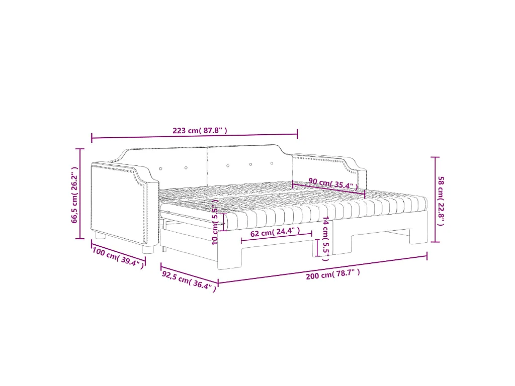 Lit de jour avec gigogne et matelas taupe 90x200 cm tissu